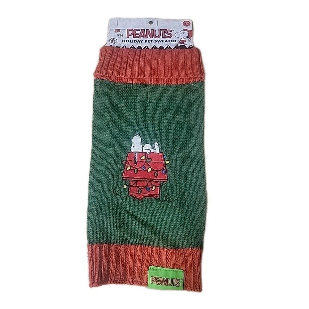 Peanuts Holiday Pet Sweater Small Snoopy Doghouse Christmas Lights Green Red